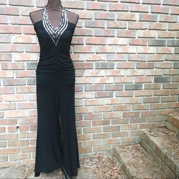 Pants - [Boutique] Black Silver Sequin Halter Jumpsuit